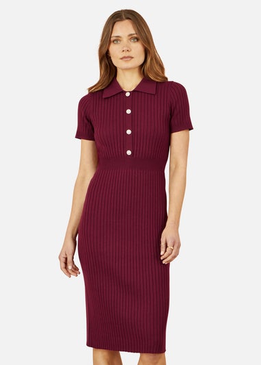Yumi Burgundy Fitted Rib Knitted Midi Dress With Daisy Buttons