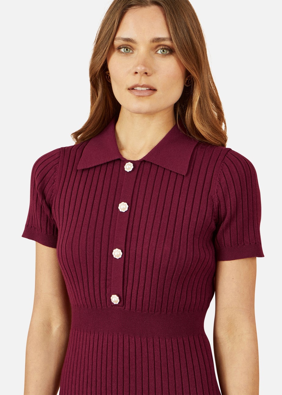 Yumi Burgundy Fitted Rib Knitted Midi Dress With Daisy Buttons