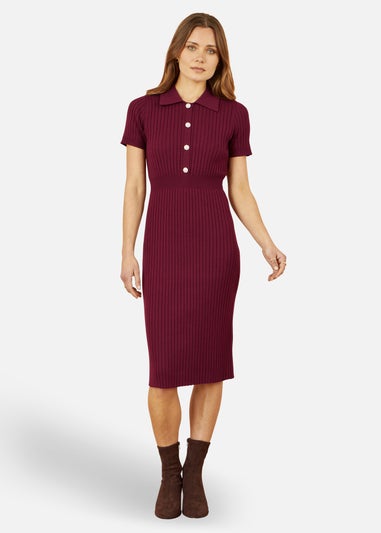 Yumi Burgundy Fitted Rib Knitted Midi Dress With Daisy Buttons
