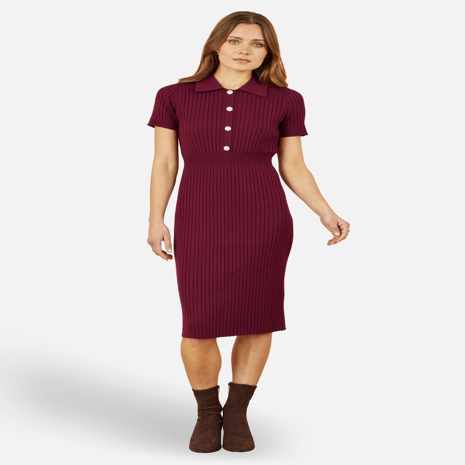 Yumi Burgundy Fitted Rib Knitted Midi Dress With Daisy Buttons