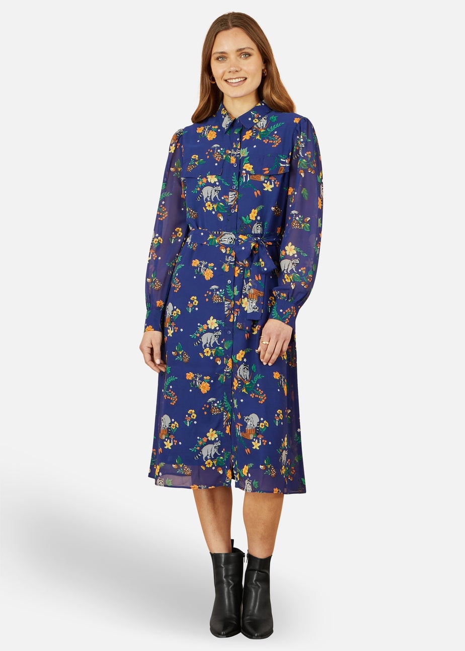 Yumi Navy Recycled Raccoon Print Shirt Midi Dress