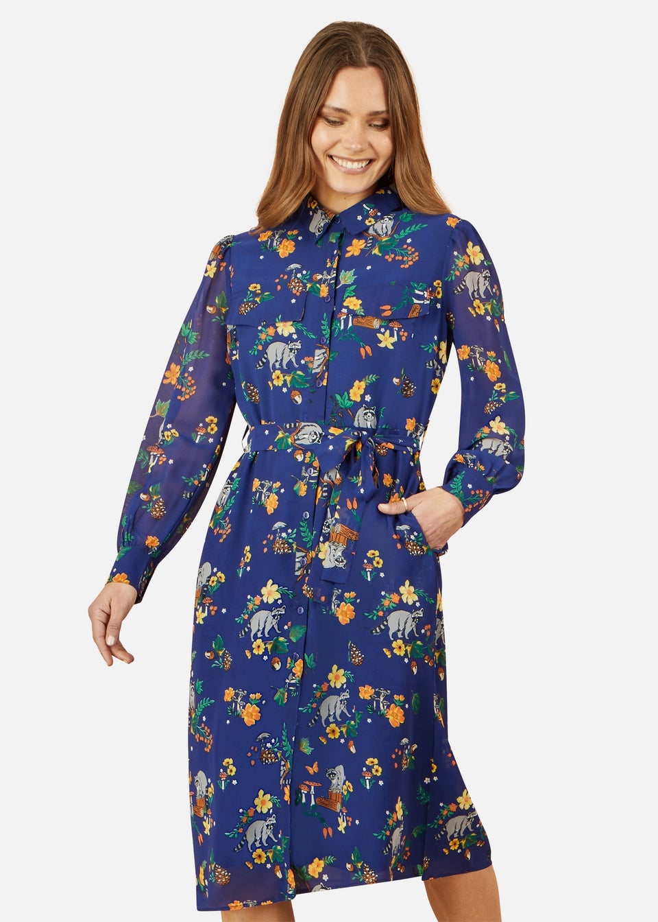 Yumi Navy Recycled Raccoon Print Shirt Midi Dress