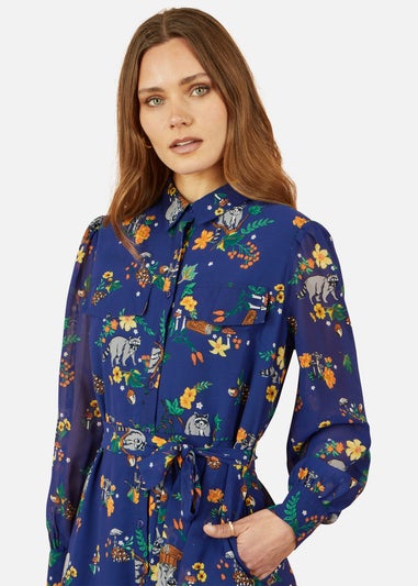 Yumi Navy Recycled Raccoon Print Shirt Midi Dress