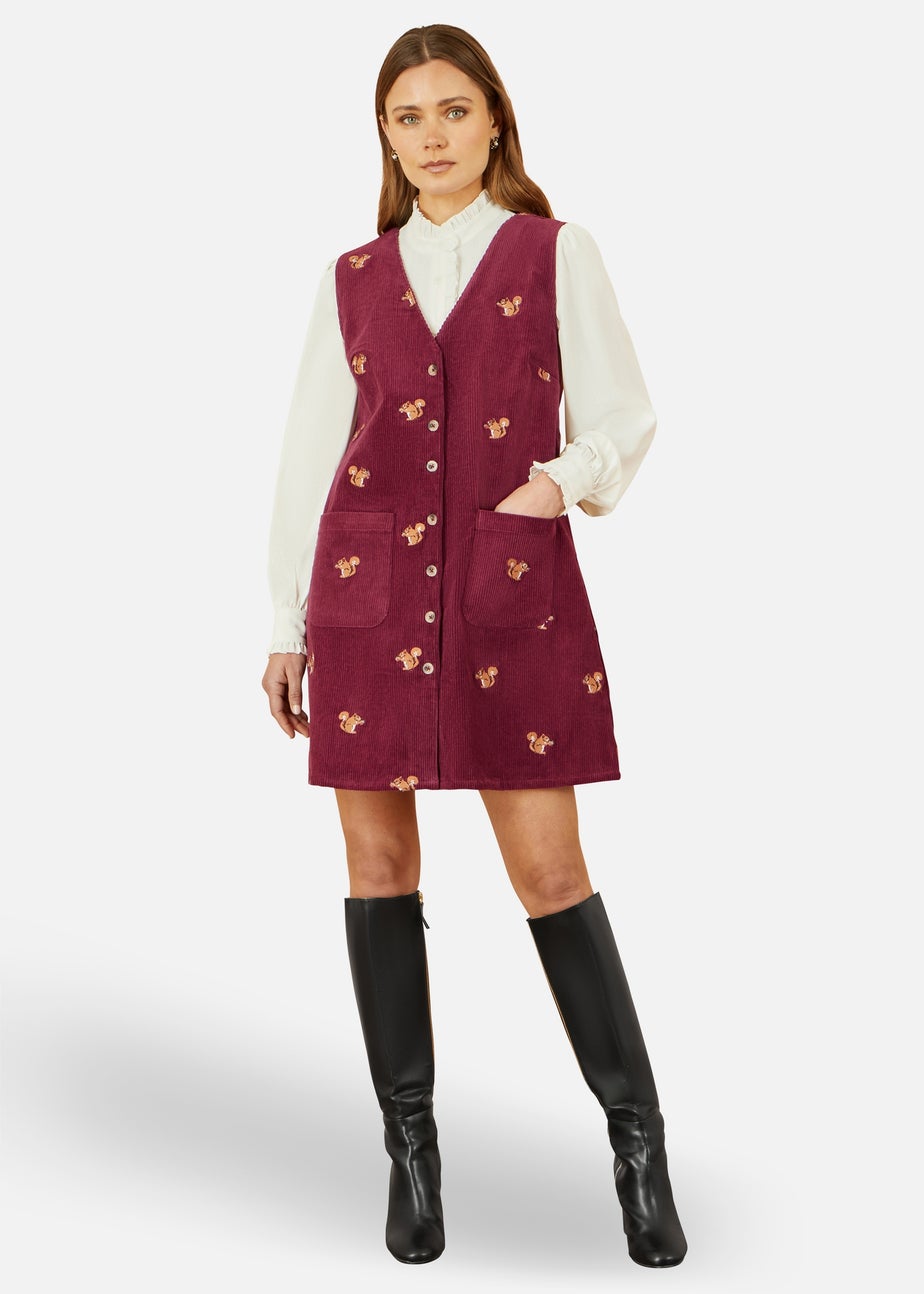 Yumi Burgundy Squirrel Embroidered Button Up Pinafore Dress