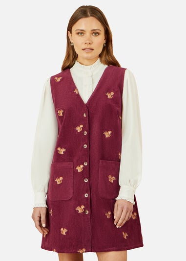Yumi Burgundy Squirrel Embroidered Button Up Pinafore Dress