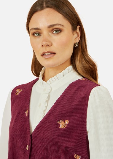 Yumi Burgundy Squirrel Embroidered Button Up Pinafore Dress