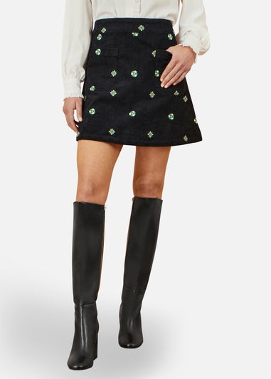 Yumi Black Flower Embroidered Cord Mini Skirt