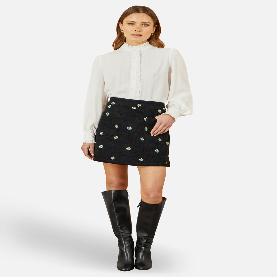 Yumi Black Flower Embroidered Cord Mini Skirt