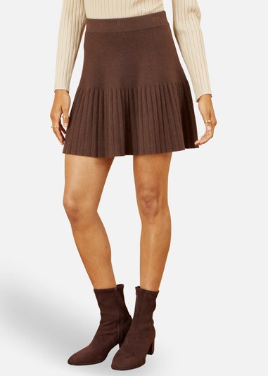 Yumi Knitted Pleated Mini Skirt In Brown