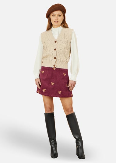 Yumi Burgundy Corduroy Embroidered Squirrel Mini Skirt