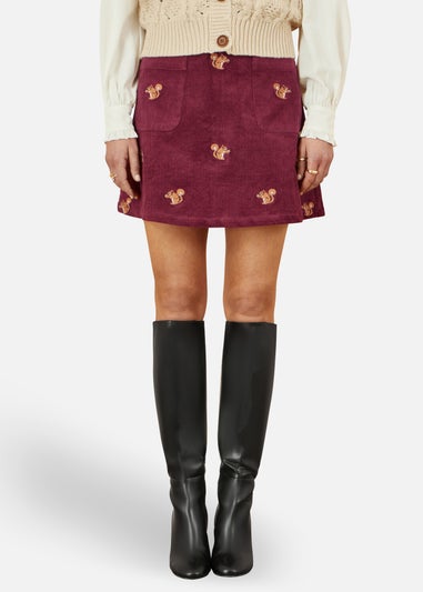 Yumi Burgundy Corduroy Embroidered Squirrel Mini Skirt