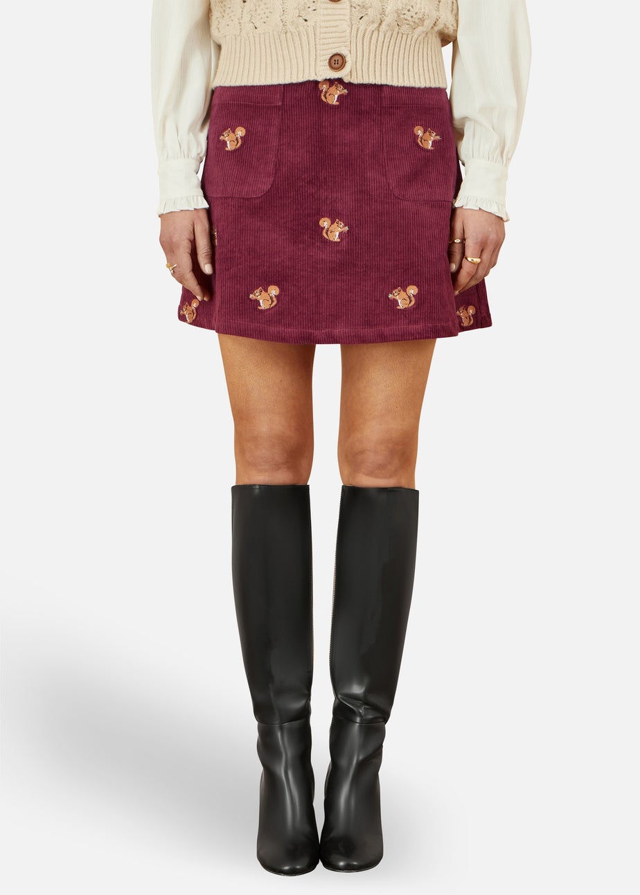 Yumi Burgundy Corduroy Embroidered Squirrel Mini Skirt