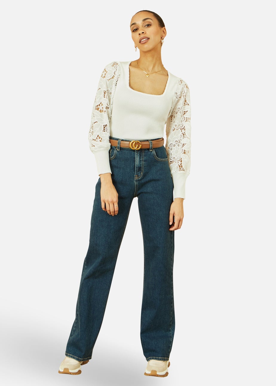 Yumi White Ribbed Knitted Top With Lace Sleeves