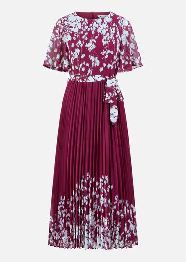Yumi Burgundy Mirror Floral Design Pleated Midi Dress