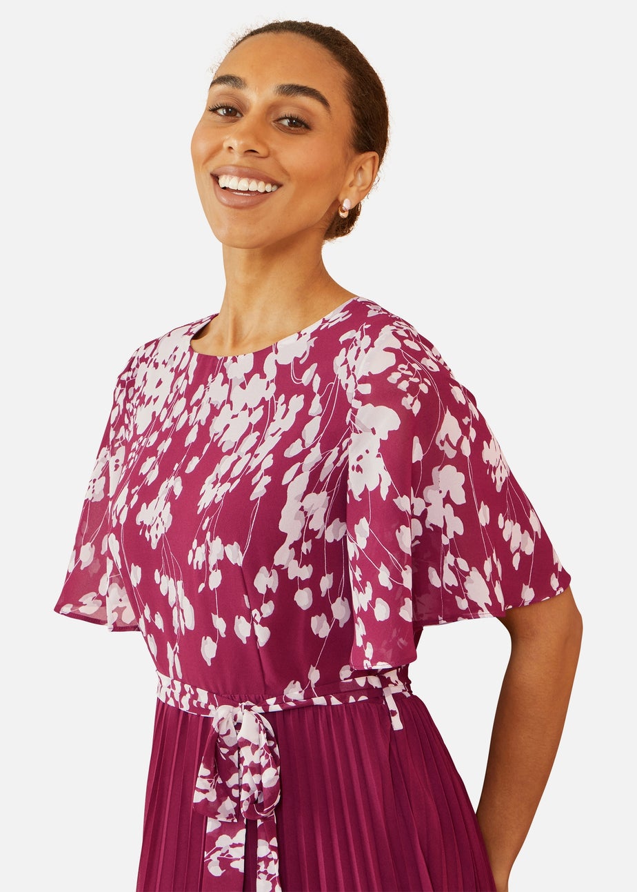 Yumi Burgundy Mirror Floral Design Pleated Midi Dress