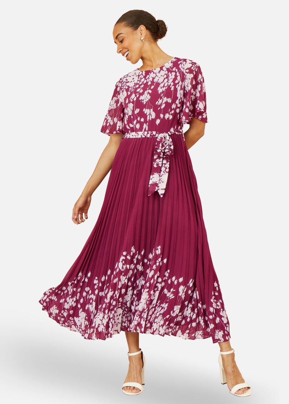 Yumi Burgundy Mirror Floral Design Pleated Midi Dress
