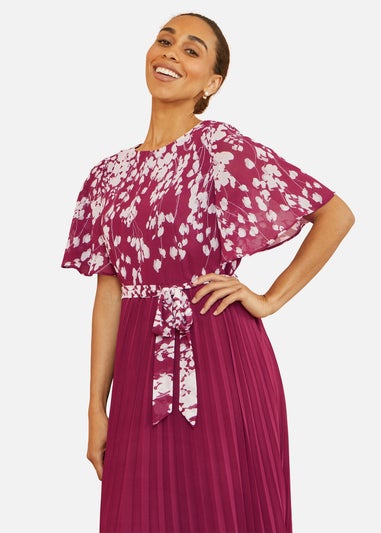 Yumi Burgundy Mirror Floral Design Pleated Midi Dress