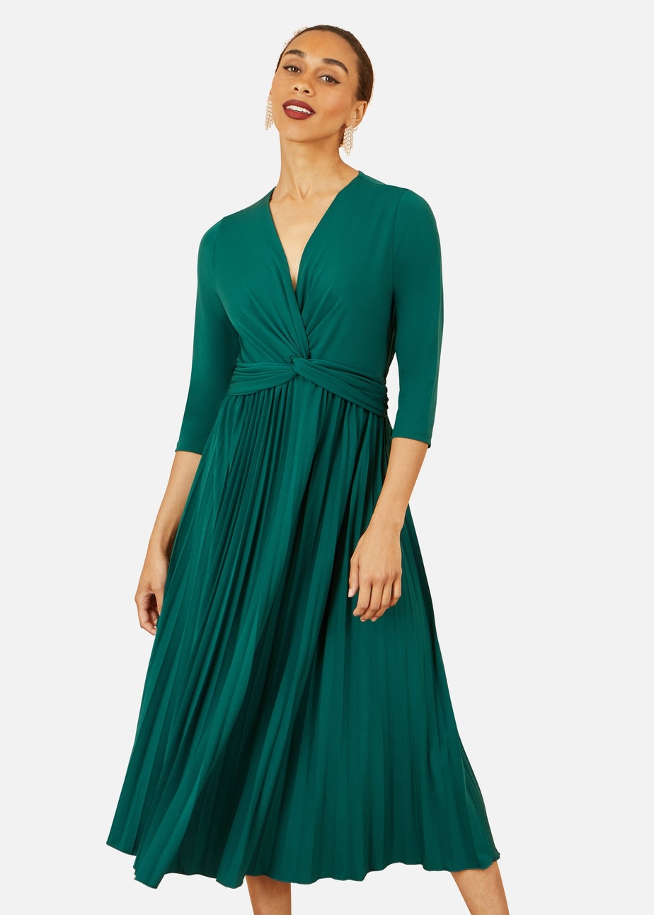 Yumi Green Jersey Knot Waist Pleated Midi Dress