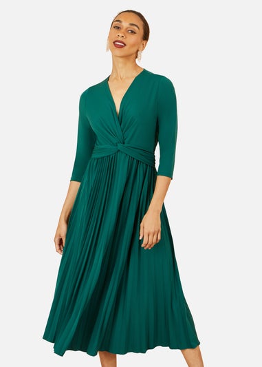 Yumi Green Jersey Knot Waist Pleated Midi Dress