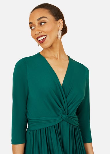 Yumi Green Jersey Knot Waist Pleated Midi Dress