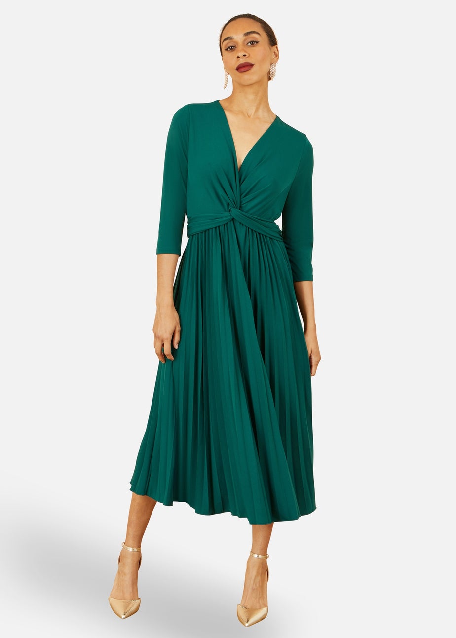 Yumi Green Jersey Knot Waist Pleated Midi Dress