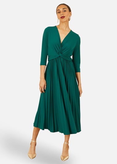 Yumi Green Jersey Knot Waist Pleated Midi Dress