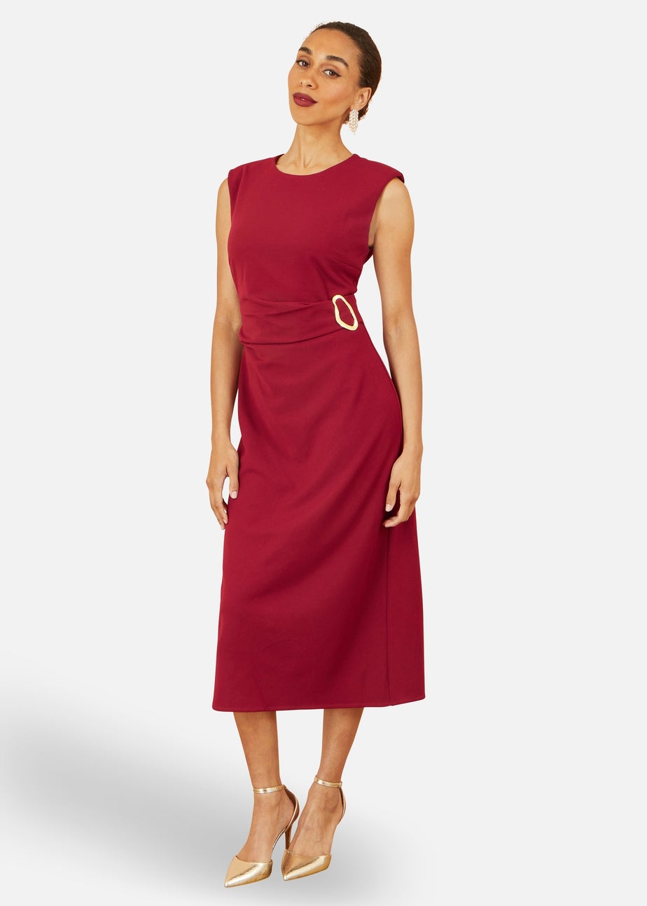 Yumi Burgundy Buckle Detail Ruched Dress