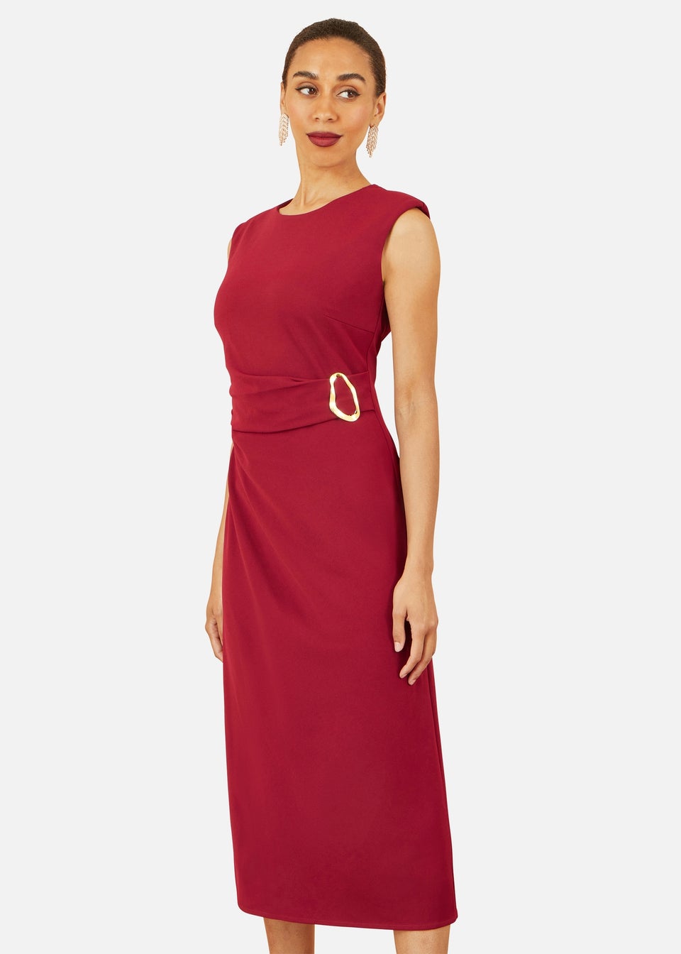 Yumi Burgundy Buckle Detail Ruched Dress