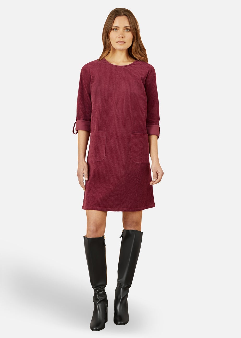 Yumi Burgundy Cord Tunic Dress With 3/4 Sleeves & Pockets