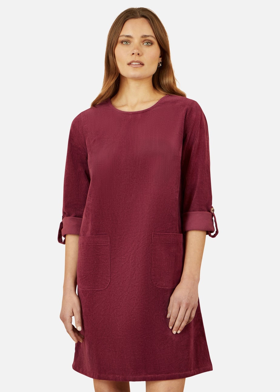 Yumi Burgundy Cord Tunic Dress With 3/4 Sleeves & Pockets