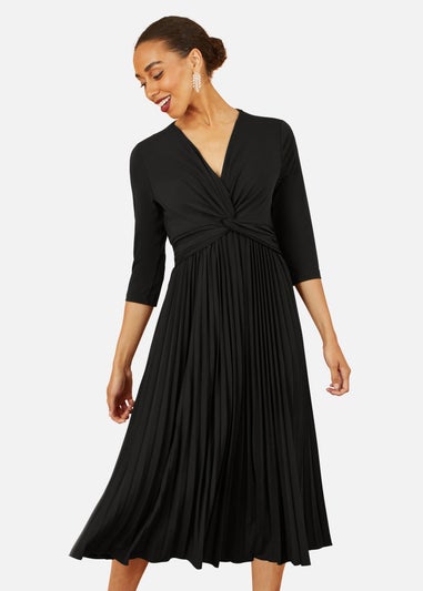 Yumi Black Jersey Knot Waist Pleated Midi Dress