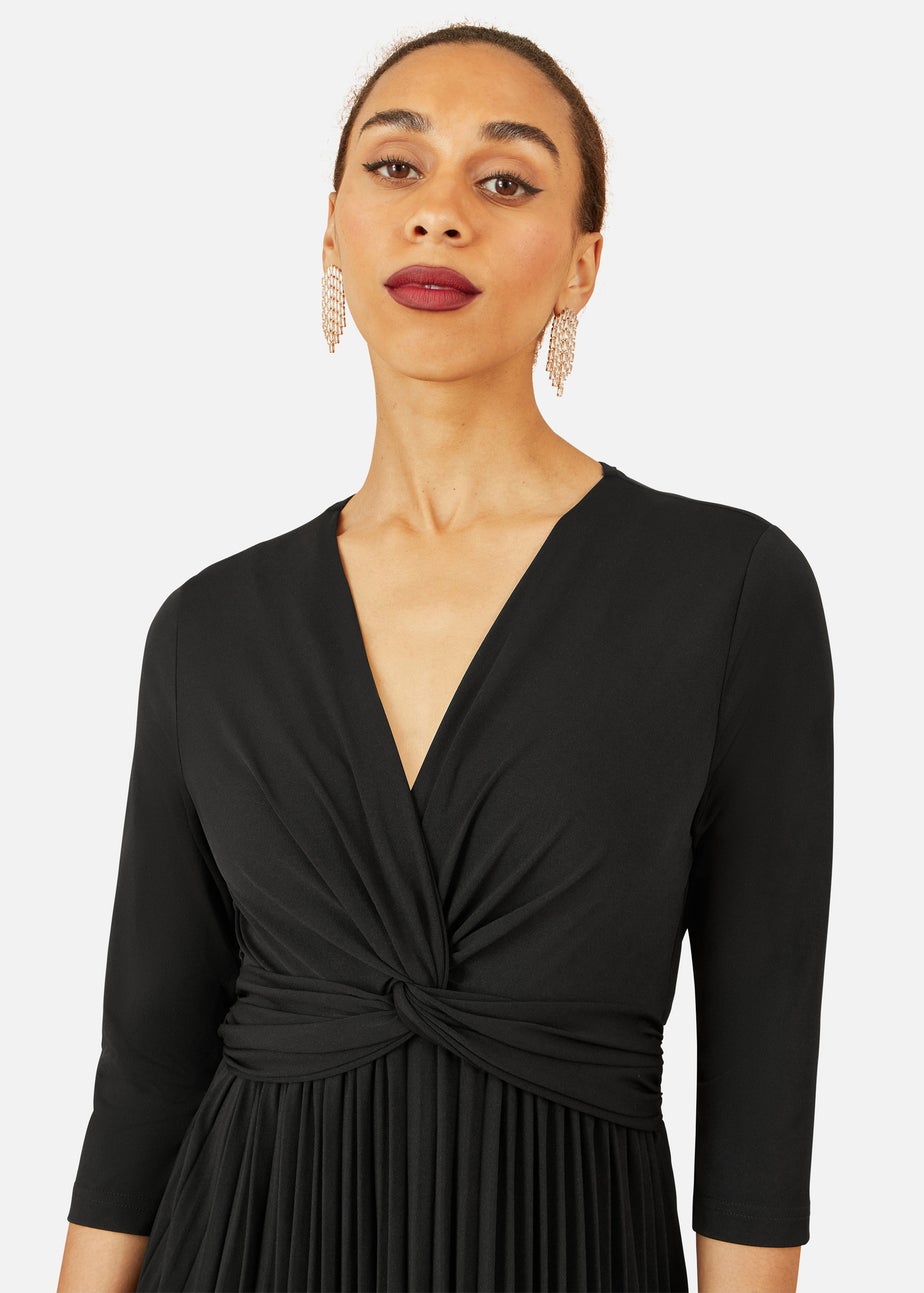 Yumi Black Jersey Knot Waist Pleated Midi Dress