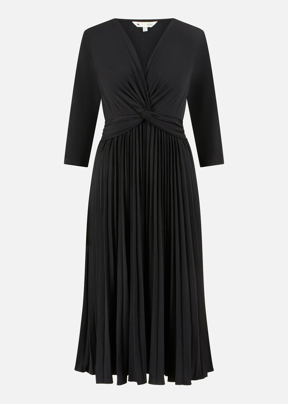 Yumi Black Jersey Knot Waist Pleated Midi Dress