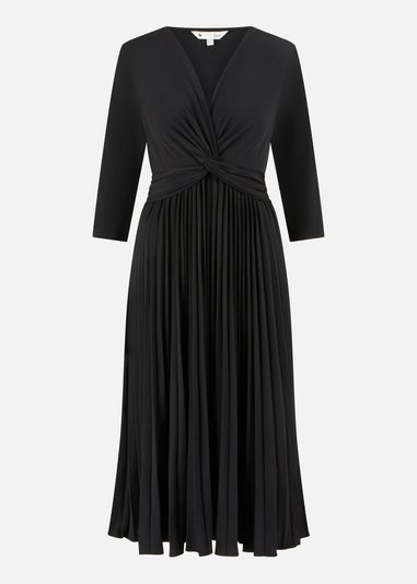 Yumi Black Jersey Knot Waist Pleated Midi Dress