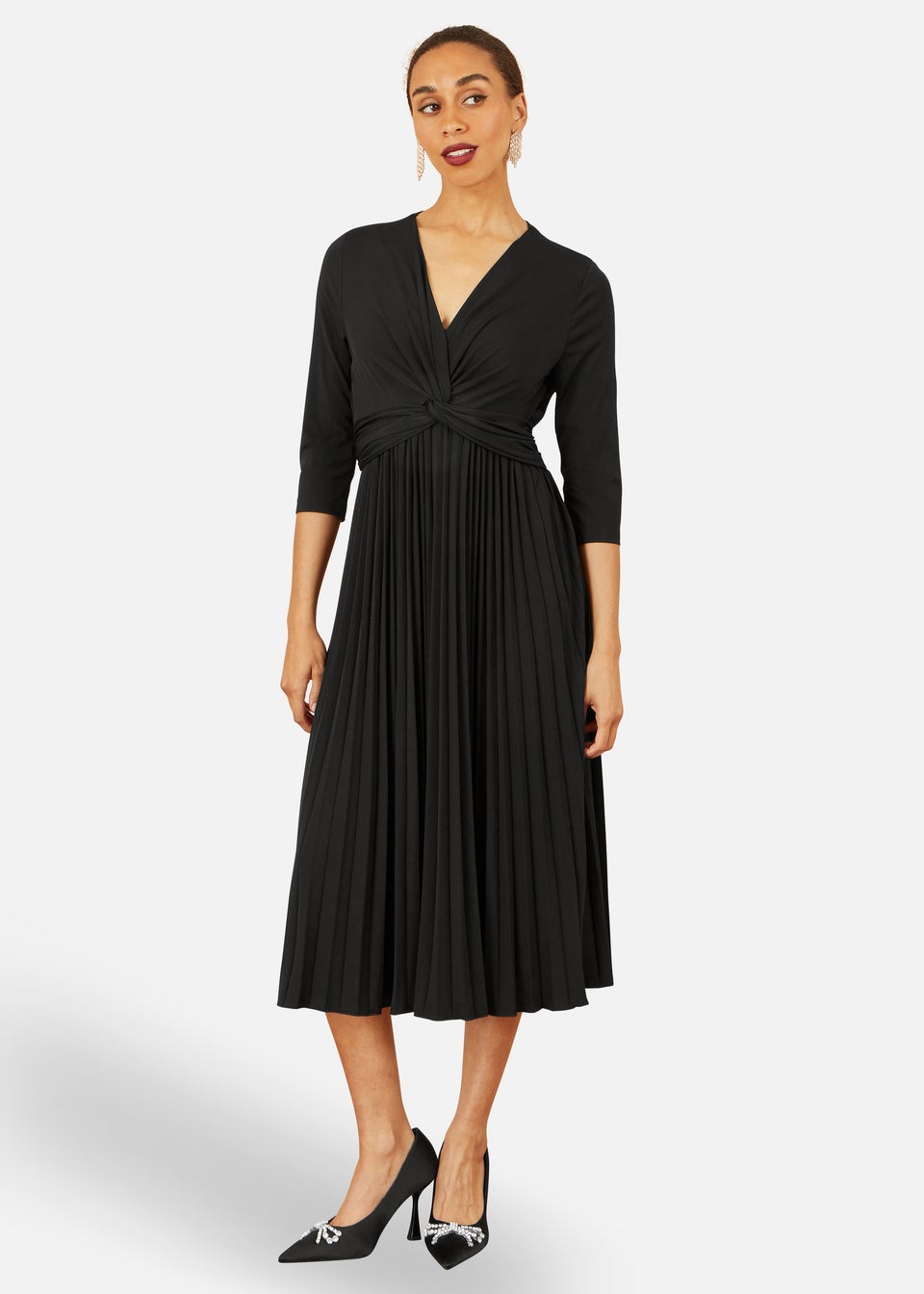 Yumi Black Jersey Knot Waist Pleated Midi Dress