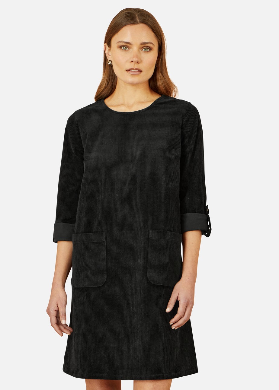 Yumi Black Cord Tunic Dress With 3/4 Sleeves & Pockets