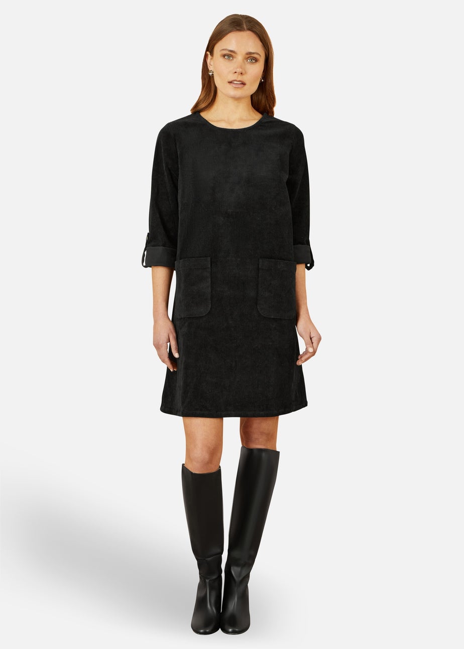 Yumi Black Cord Tunic Dress With 3/4 Sleeves & Pockets