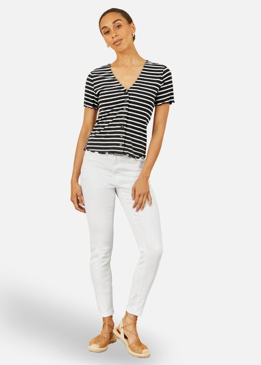 Yumi Black Striped Cotton Jersey Lettuce Trim T-Shirt