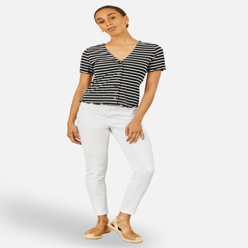 Yumi Black Striped Cotton Jersey Lettuce Trim T-Shirt
