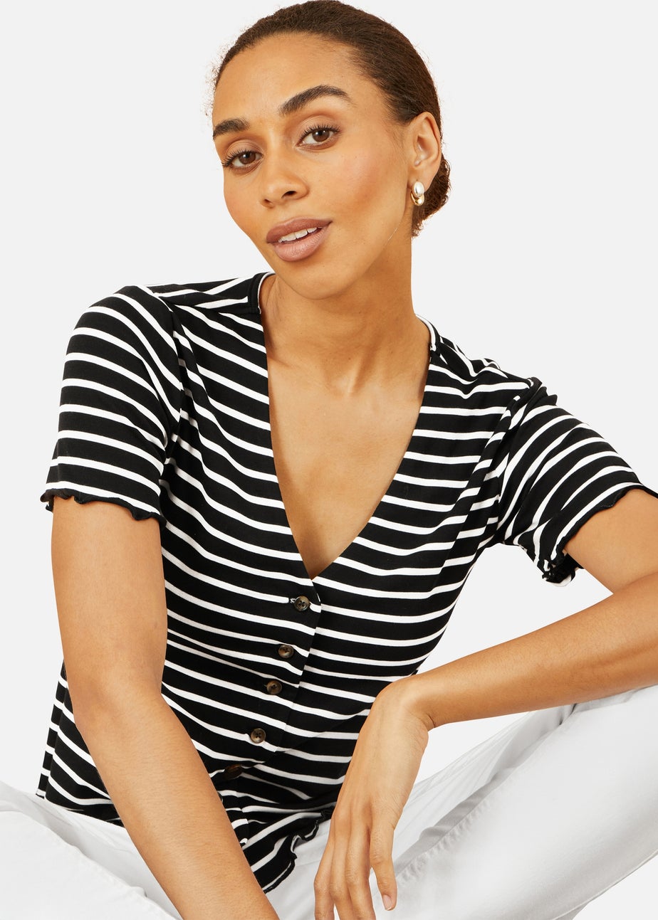 Yumi Black Striped Cotton Jersey Lettuce Trim T-Shirt