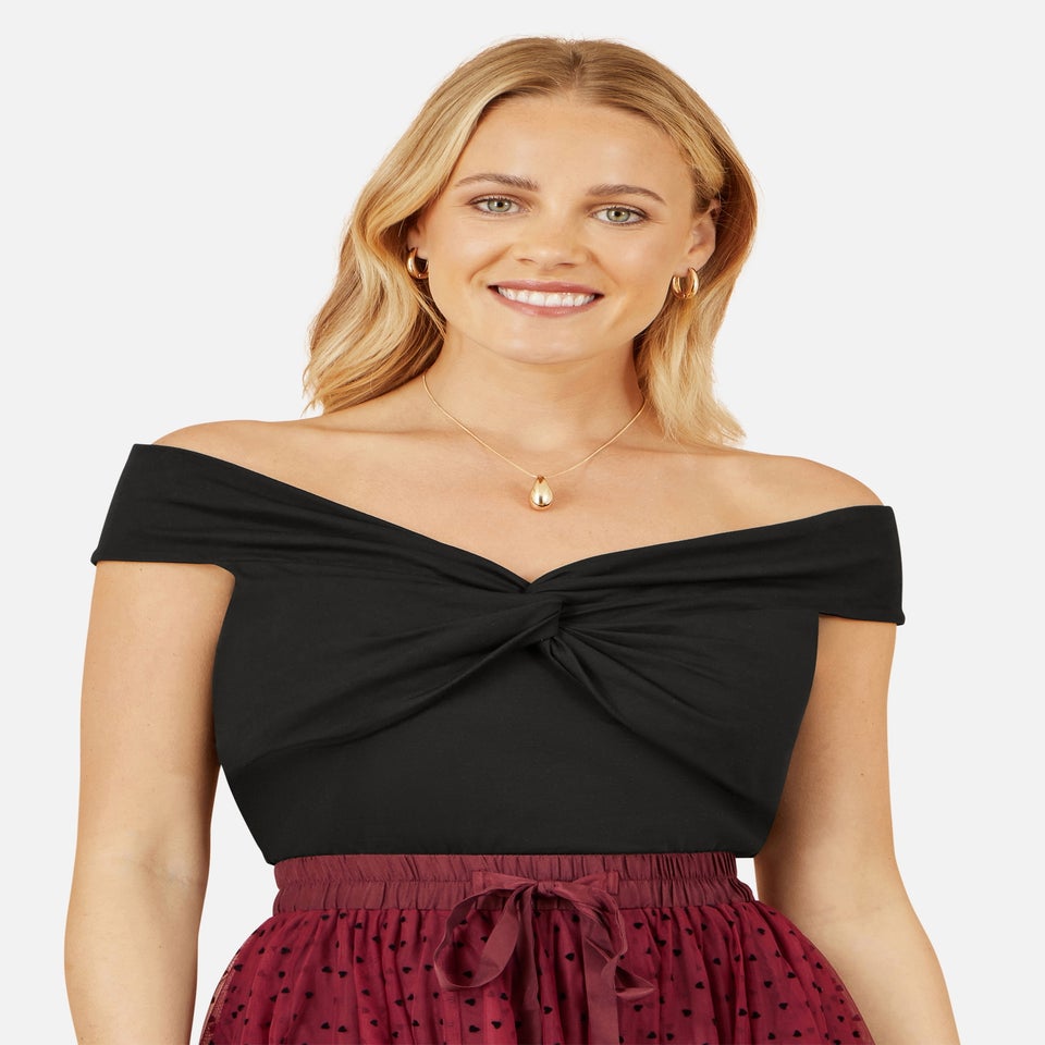 Yumi Black Jersey Cotton Bardot Top With Knot Detail
