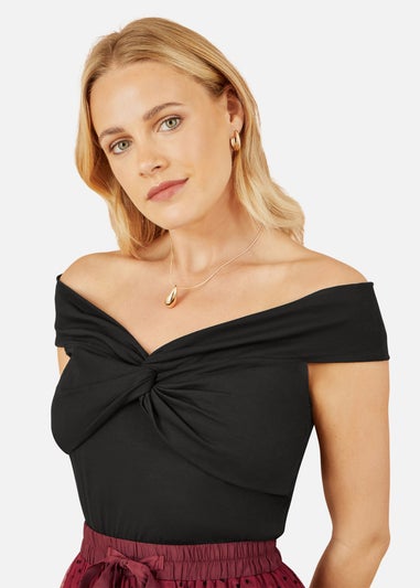 Yumi Black Jersey Cotton Bardot Top With Knot Detail