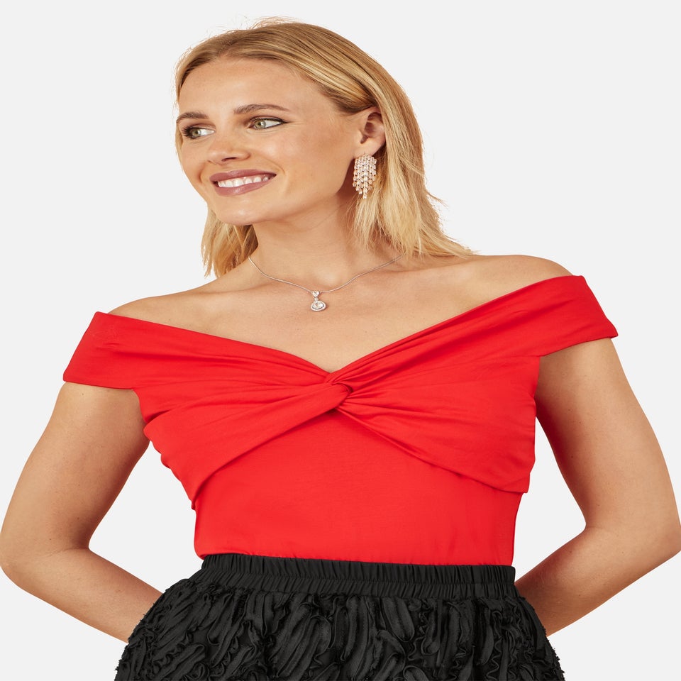 Yumi Red Jersey Cotton Bardot Top With Knot Detail