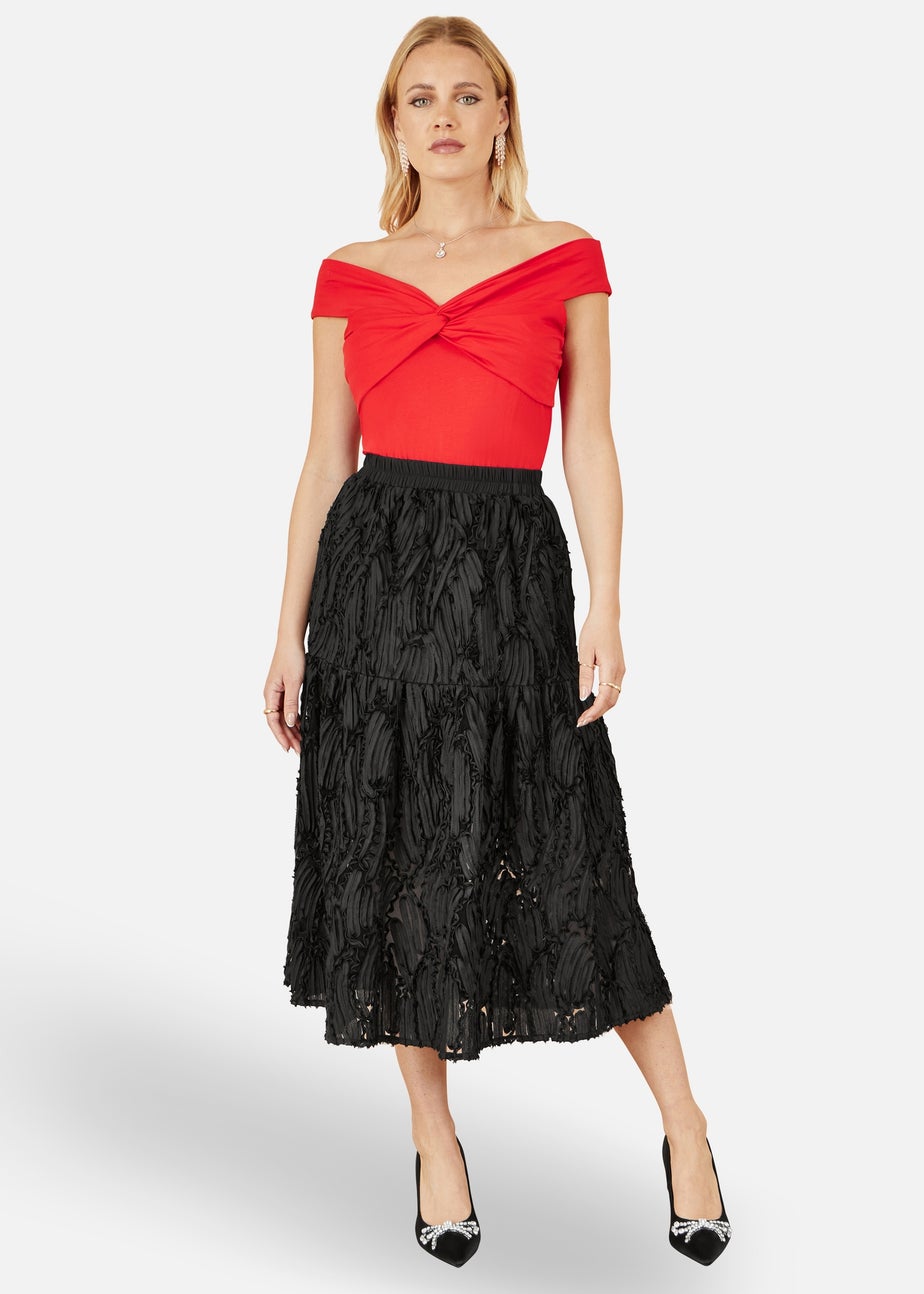 Yumi Red Jersey Cotton Bardot Top With Knot Detail