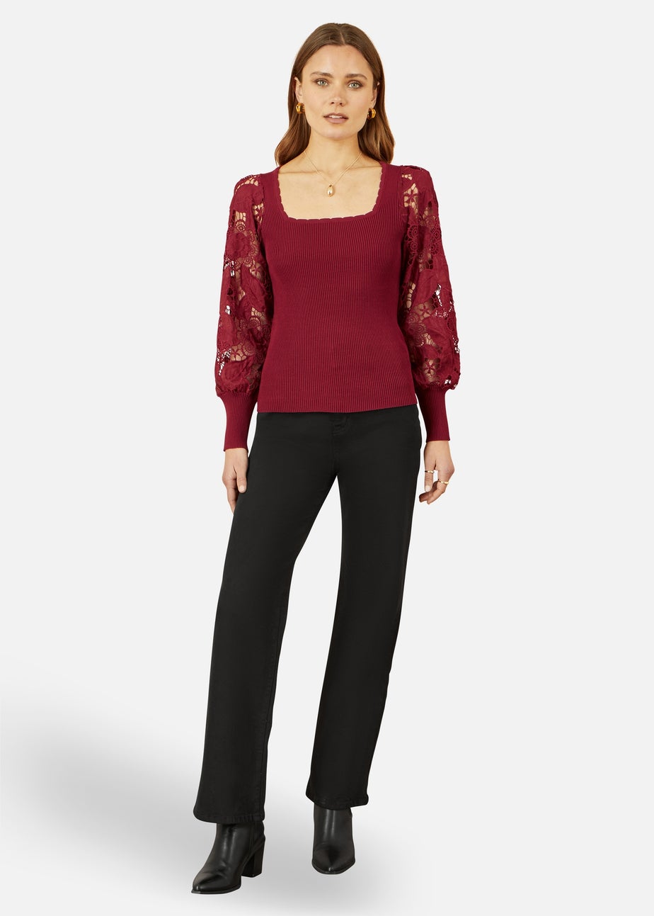 Yumi Burgundy Ribbed Knitted Top With Lace Sleeves