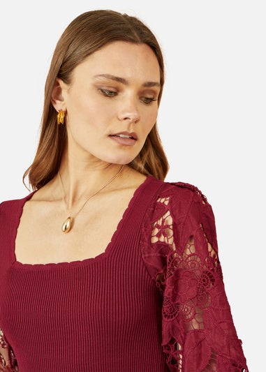 Yumi Burgundy Ribbed Knitted Top With Lace Sleeves