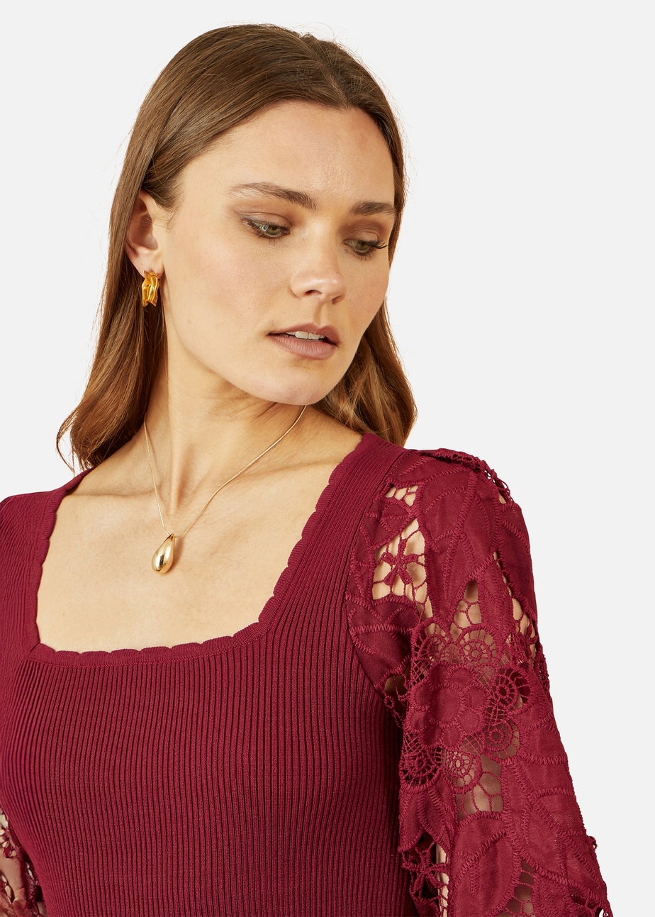 Yumi Burgundy Ribbed Knitted Top With Lace Sleeves