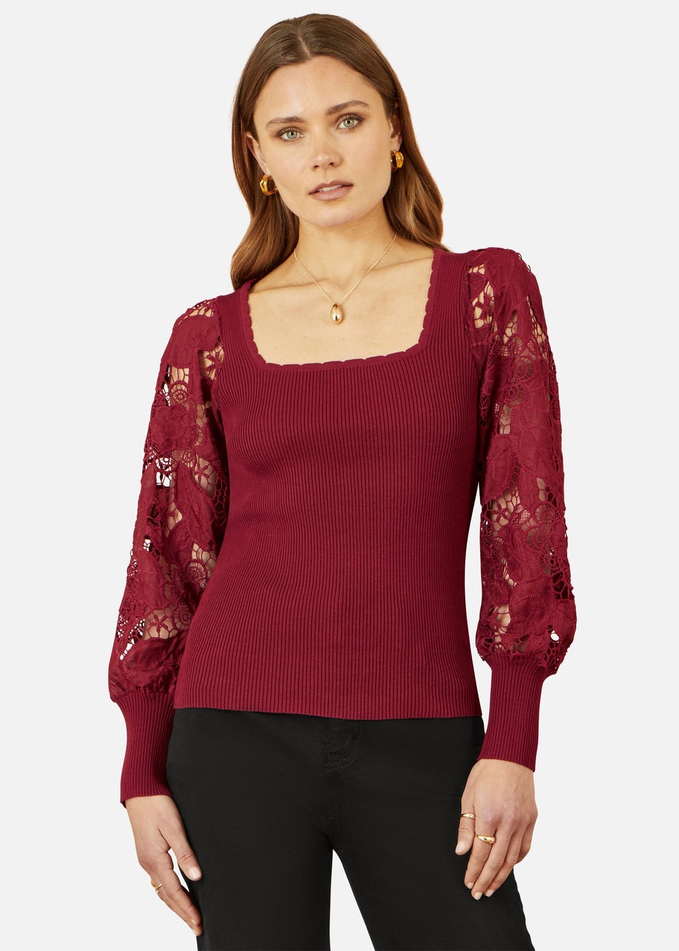 Yumi Burgundy Ribbed Knitted Top With Lace Sleeves
