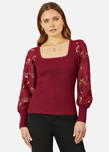 Yumi Burgundy Ribbed Knitted Top With Lace Sleeves