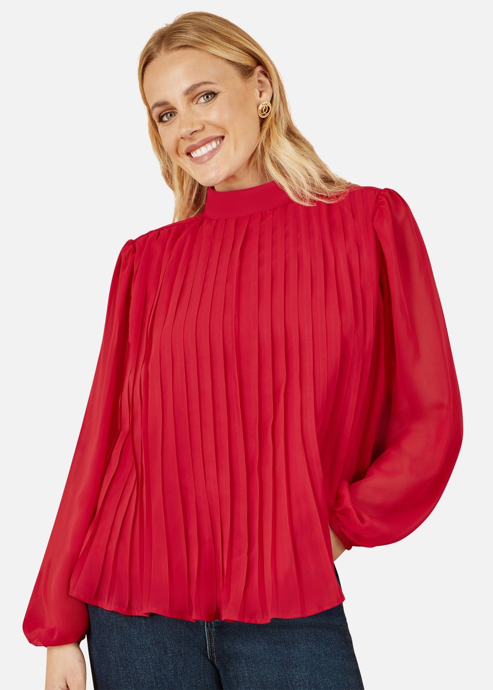 Yumi Red Pleated Long Sleeve Top With High Neck